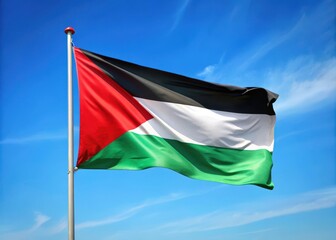 The Palestinian flag waved in the wind against a blue sky backdrop