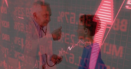 Examining doctor in white coat pressing stethoscope on boy chest in exam room, with financial chart