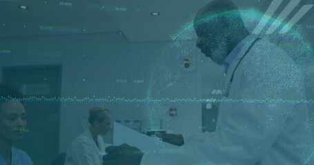 Holding smartphone projecting holographic globe in clinic with lab coat and stethoscope, copy space