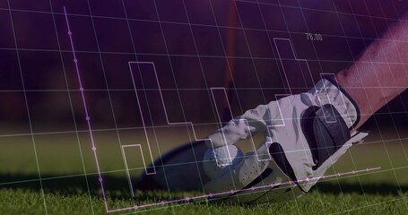 Positioning gloved hand adjusting golf club head on trimmed turf at golf course, with data overlay