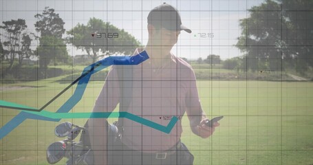 Analyzing smartphone data overlay, middle-aged golfer in pink polo carrying golf bag on fairway