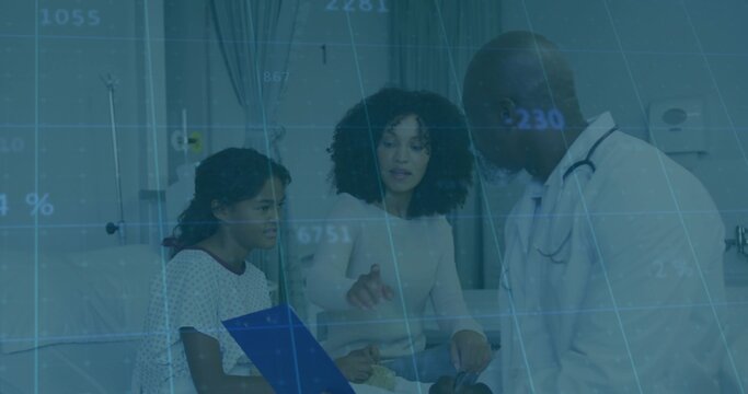 Doctor consulting with mother and child patient in hospital room, with blue clipboard and IV pole - Powered by Adobe