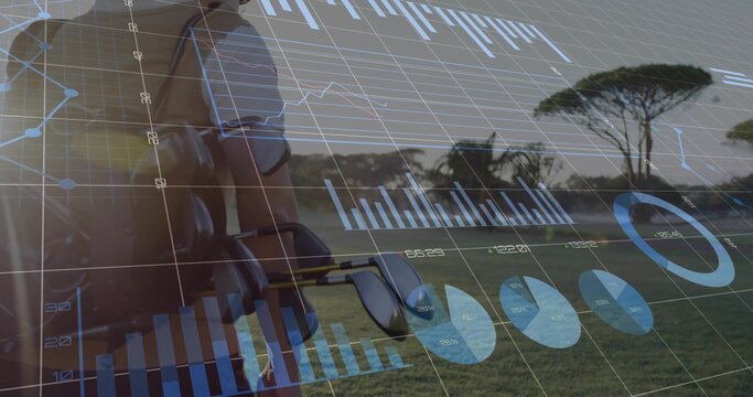 Walking Chinese man carrying golf bag on fairway, with digital charts and grid overlay, copy space