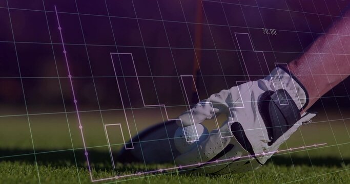 Positioning gloved hand adjusting golf club head on trimmed turf at golf course, with data overlay