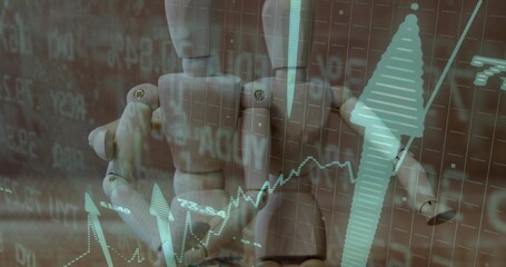 Blending wooden mannequin with data grid in visualization, with upward arrows and graph overlays