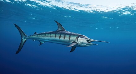 Obraz premium Striped marlin in deep blue ocean. Sunlight filters subtly