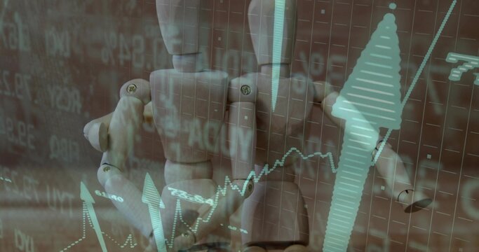 Blending wooden mannequin with data grid in visualization, with upward arrows and graph overlays
