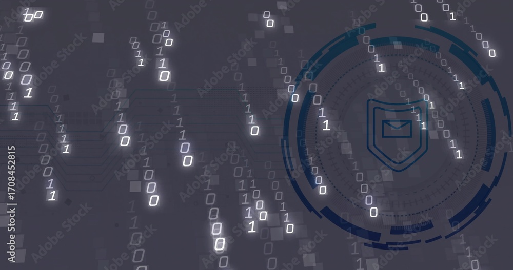 Poster showing virtual security dashboard glowing with shield envelope icon and binary streams, copy space