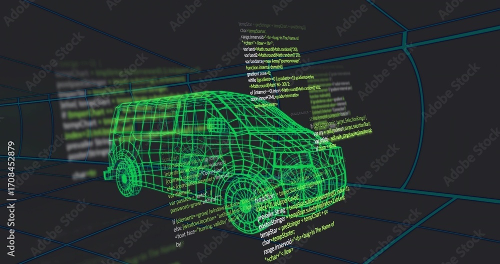 Poster hovering neon green wireframe van model in 3d tunnel, showing cyan grid lines and code snippets