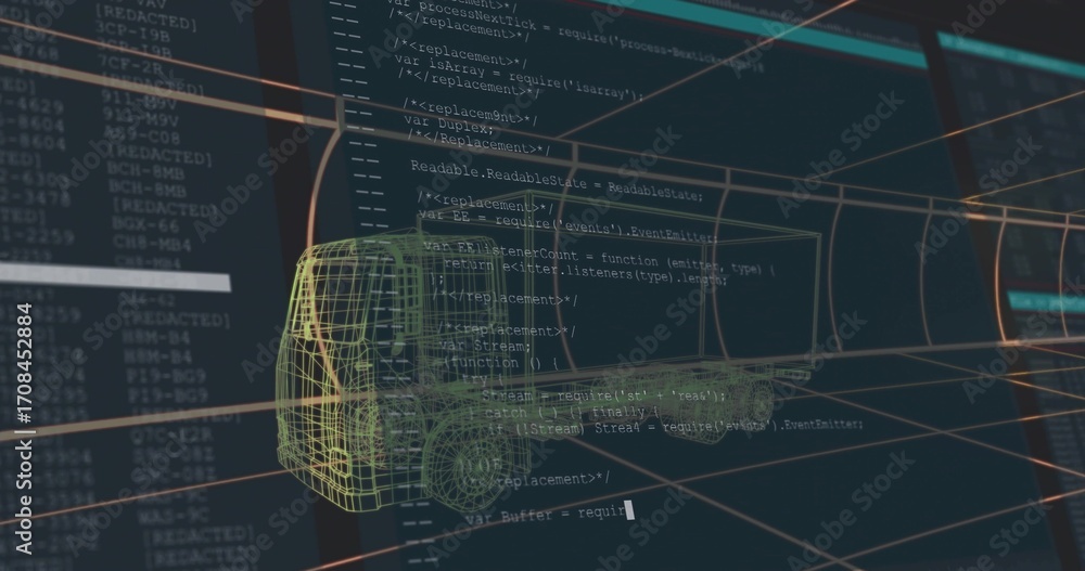 Poster featuring 3d wireframe truck model rotating over orange grid in digital interface, with code panel