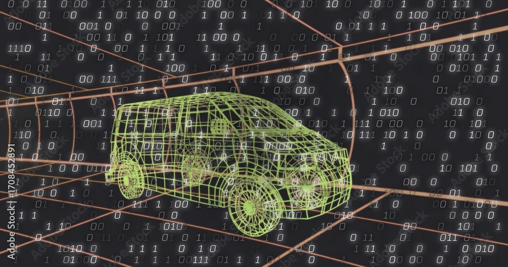 Aufkleber rotating green wireframe van gliding through orange grid tunnel, with floating white binary digits