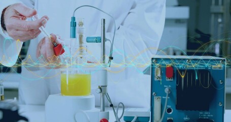 Pipetting scientist in lab coat handling flask at lab bench, with pipette, vial and control unit