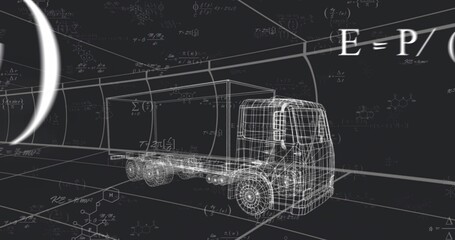 Displaying wireframe semi-trailer truck in tunnel with grid lines, equations, chemical formulas