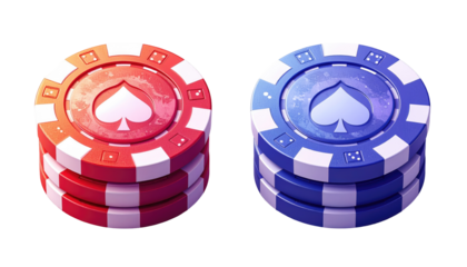 Two stacks of poker chips, red and blue