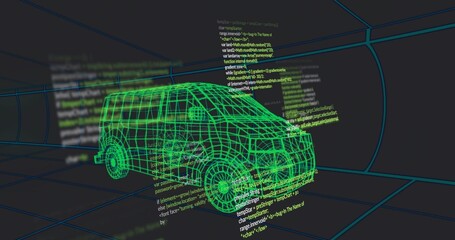 Hovering neon green wireframe van model in 3D tunnel, showing cyan grid lines and code snippets