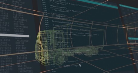 Featuring 3D wireframe truck model rotating over orange grid in digital interface, with code panel