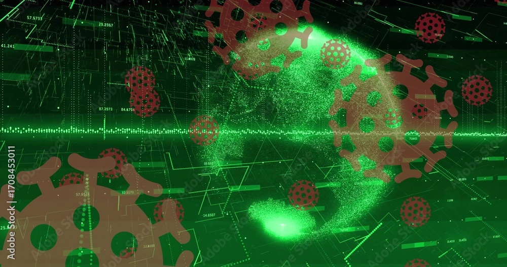 Aufkleber floating virus icons swirling in green digital grid, with data readouts highlighting particle globe