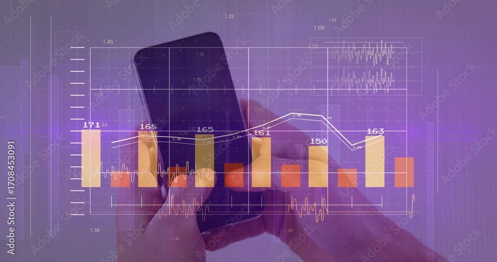 Poster holding smartphone with hands in digital interface, displaying bar charts line graphs and waveforms