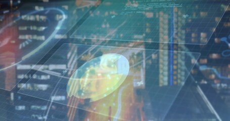 Displaying holographic panels loading in virtual dashboard, with code windows and circular gauges