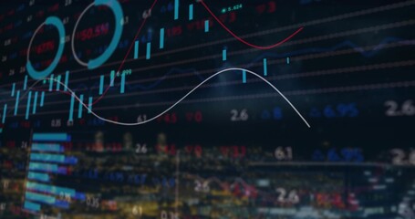 Displaying market overlay over night skyline with candlestick and bar charts, gauges and numbers