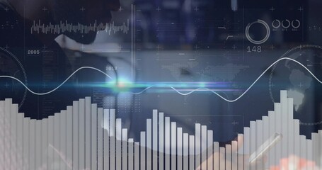 Professional wearing suit and headset scanning smartphone in office, with holographic data overlay