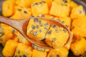 Freeze Dried Passion Fruit Blocks on Wooden Spoon - Instant Tea Ingredient and Healthy Snack