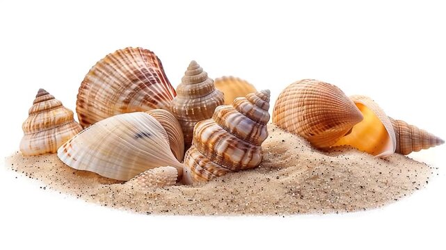 A collection of shells gathered on the surface of a sandy beach, perfect for nature-inspired designs