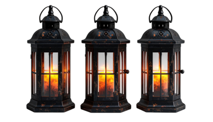 Three decorative lanterns, each with warm orange flickering candlelight