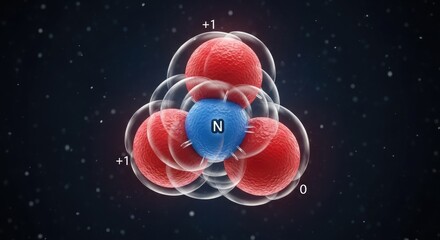 A nitrogen molecule with a blue nucleus and red electrons in a dark space with a star-like background.