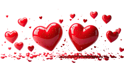 Two large, glossy red hearts surrounded by smaller hearts and red confetti on a black background
