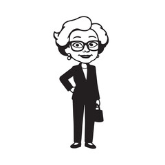 Obraz premium Old woman in formal clothes black and white vector illustration simple minimalist portrait design
