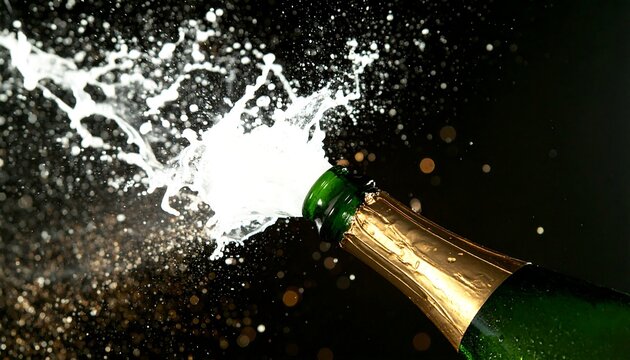 Champagne bottle exploding with celebratory white foam against a dark background