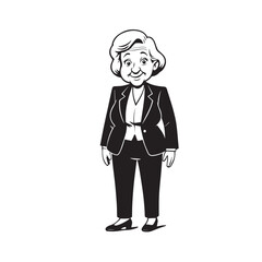 Obraz premium Old woman in formal clothes black and white vector illustration simple minimalist portrait design