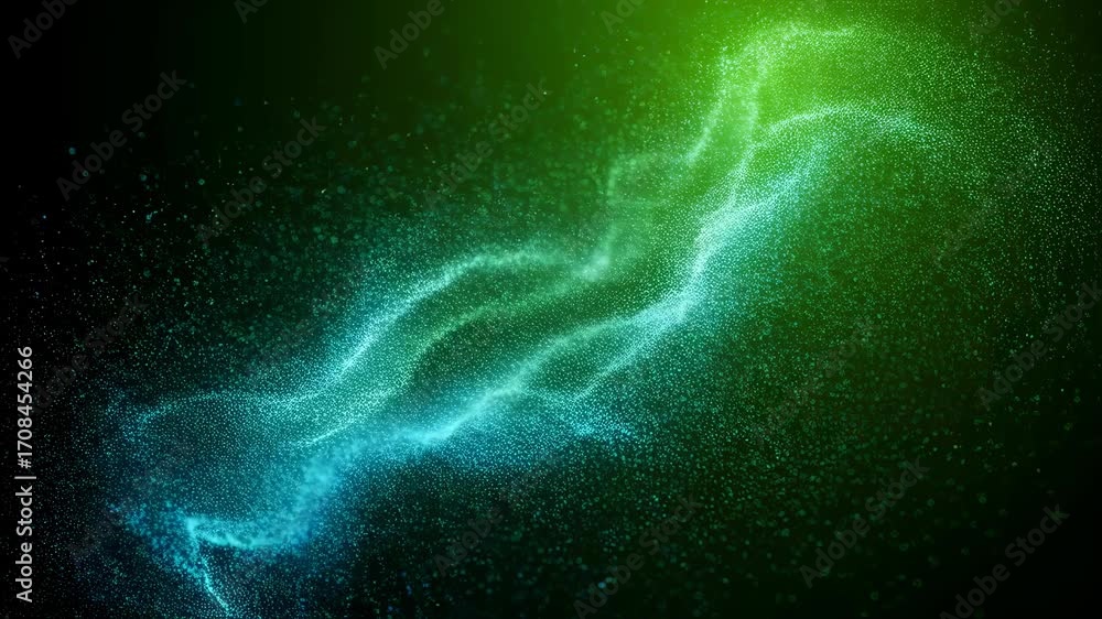 Poster green blue particle animation. digital wave with flowing glitter particles. modern abstract backgrou