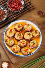 Stuffed Shiitake Mushrooms with Vermicelli Noodles and Garlic in Traditional Asian Broth