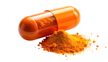 Close-up of an orange capsule with scattered orange powder
