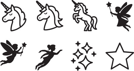 Enchanting Unicorns and Whimsical Fairies A Collection of Mystical Creatures and Sparkling Stars Vector