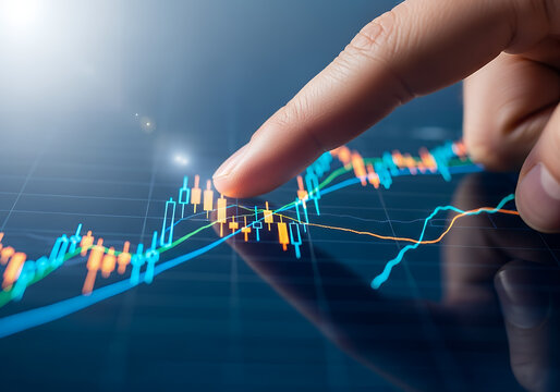 Finger pointing at a stock market graph on a tablet.