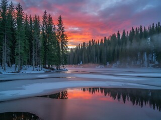 Obraz premium Fiery Sunset Reflected in an Icy Lake Surrounded by Pine Forest Keywords: sunset, sunrise, sky, clouds, fire, orange, pink, red, purple, lake, water, ice, frozen, winter, forest, pine trees