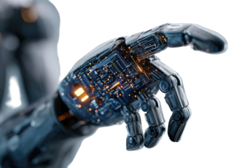 Close-up of a futuristic robotic hand.  Detailing mechanical components