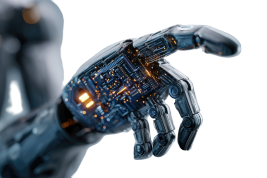 Close-up of a futuristic robotic hand.  Detailing mechanical components