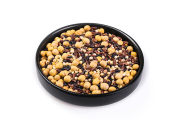 Mixed Eight Grain Combo with Soybeans Peanuts and Legumes in Black Bowl for Healthy Cooking