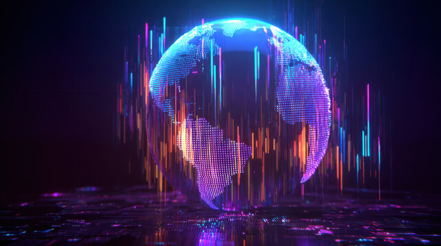 Digital Futuristic Globe Made of Glowing Stock Charts with Data Streams Around