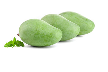 Fresh Raw Green Mangoes from Hainan Guangxi China with Mint Leaves White Background Closeup