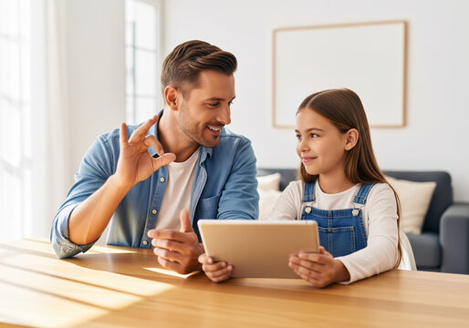A smiling father and his young daughter bond while learning sign language from an educational app on a tablet computer. 