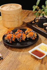 Yangcheng Lake Hairy Crabs Taihu Specialty Steamed Chinese Seafood Delicacy with Bamboo Steamer and Tea