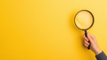 A hand holds a magnifying glass against a vibrant yellow background, symbolizing investigation, curiosity, and attention to detail.