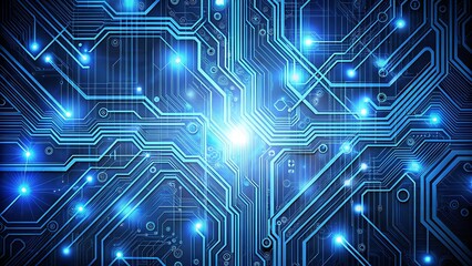 Abstract blue glowing circuit board pattern with bright light in the center, representing technology and data flow