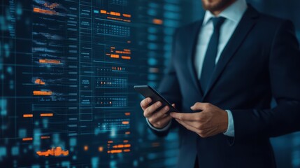 A businessman in a suit holds a smartphone, surrounded by a digital interface displaying data and statistics.