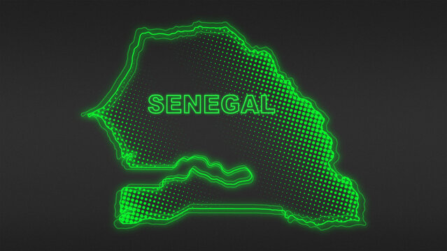 Neon Green Senegal Map Outline Futuristic Digital Glow Halftone Illustration